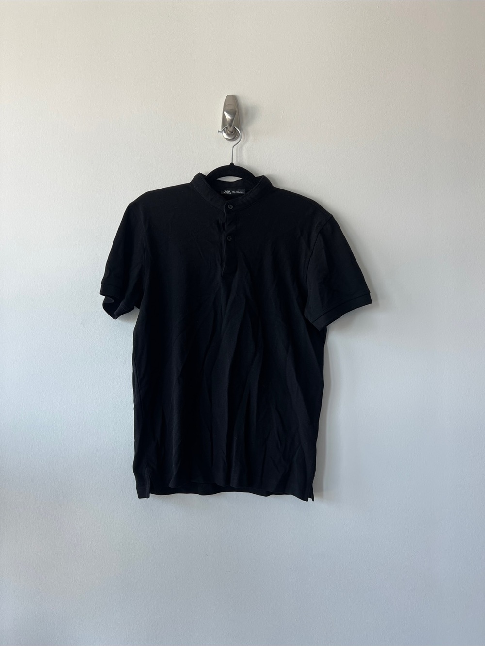 Zara Men Black Short-Sleeve Henley Polo